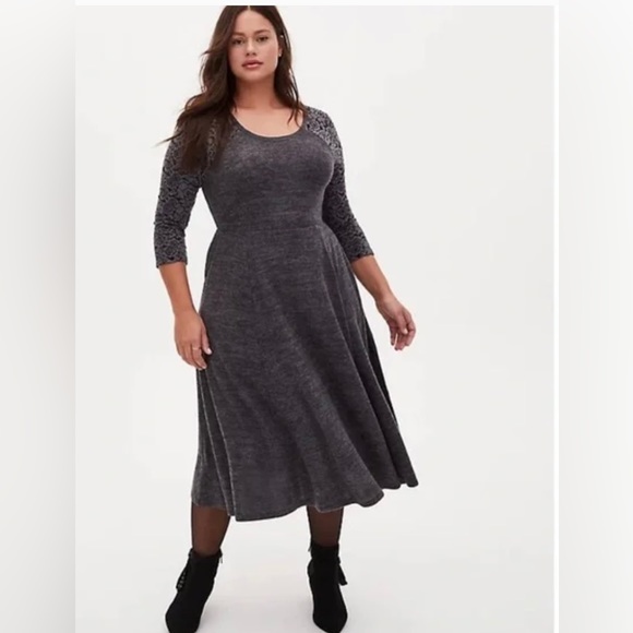 torrid Dresses & Skirts - Torrid Supersoft Plush Lace Sleeve Grey Midi Dress Size 00 (10-12)